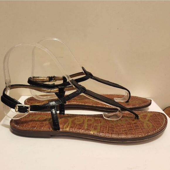 Sam Edelman "GIGI" Black Croc Print Leather T-Strap Flat Sandals sz.8 Ret $120 - Picture 5 of 7